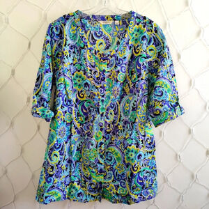 Liz Claiborne Paisley Blouse Top / Blue, Green, Black & Yellow / Large